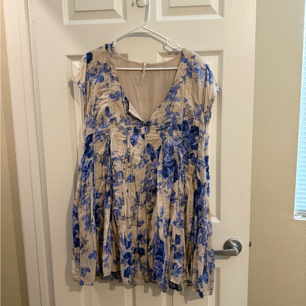 Free People Beige Mini Dress with Blue Floral Print